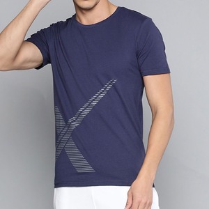 Camiseta de Manga Corta con Cuello Redondo Azul Marino para Hombre, con Estampado Geométrico, Corte Ajustado, Informal, de Algodón Tejido - Product Image 2