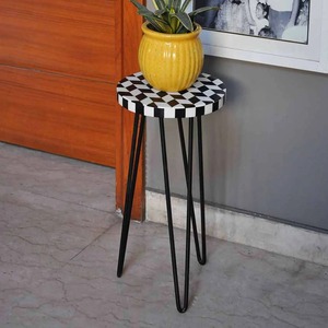 Jardinière ronde de luxe en bois grainé avec incrustation de nacre et support métallique pour la décoration intérieure et extérieure de la maison et du jardin - Product Image 5