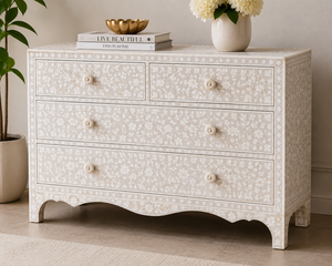 Cómoda Tradicional Hecha a Mano con Incrustaciones de Hueso y Diseño Floral – Muebles de Dormitorio al por Mayor de la India - Product Image 1