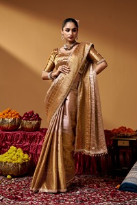 Leranath Fashion Golden Kanjivaram <b>Saree</b> <b>for</b> <b>Women</b> Zari Tissue Texture Hand Embroidery Beads Work Elegant Recycled Materials - Product Image 5