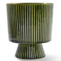 Vase de table en céramique Art Déco vert foncé à rayures verticales, forme ronde, marque Jueheng, avec glaçure craquelée
