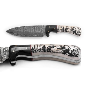 Cuchillo de Caza de Hoja Fija de Acero de Damasco Personalizado - Hoja Recta de 19 cm de Longitud - Mango de Hueso de Camello con Grabado Láser - Estilo Industrial - Product Image 4