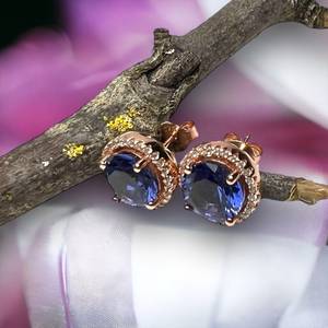 Boucles d'oreilles vintage en Tanzanite avec halo, fabriquées à la main en argent sterling 925 plaqué or rose 14 carats, vermeil, cadeau de mariage et pierre de naissance de décembre - Product Image 3