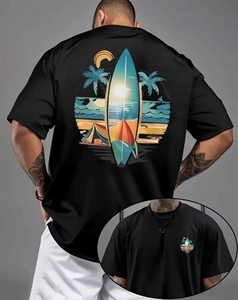Men's Black <b>Surf</b> Board <b>Print</b> T-Shirt Short Sleeve O-Neck Digital <b>Print</b> Beach Design Regular Fit Casual Wear 100% Cotton - Product Image 1