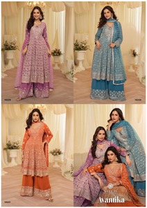 ชุดสูท Palazzo ดีไซน์เนอร์ Sayuri Avantika ผ้าจอร์เจตต์ ปักดิ้นด้วยด้าย Jari และงานปักเลื่อม สำหรับงานปาร์ตี้ ส่งออกจำนวนมากจากอินเดีย - Product Image 4