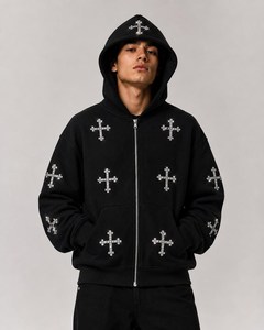Sweat-shirts et sweats à capuche pour hommes grande taille, effet délavé soleil et délavé à l'acide, à épaules tombantes, unis, avec strass, personnalisables - Product Image 4