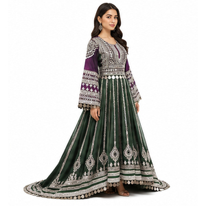 Vestido Kurta Tradicional de Seda Verde con Bordado Plateado, Ropa Étnica para Mujer, Vestido Afgano Kuchi Largo y Holgado para Bodas - Product Image 5