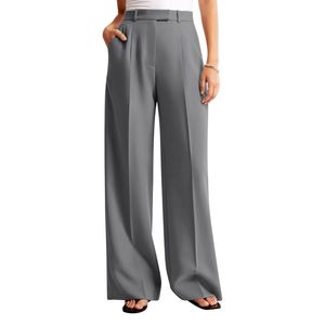 Custom Taupe <b>Pinstripe</b> Wide Leg Pants <b>Women</b> Cotton Polyester Vertical Stripe Tailored Workwear <b>Trousers</b> - Product Image 5