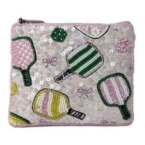 Pochette à paillettes pour raquette de pickleball, mini-portefeuille à fermeture éclair orné de perles, motif sport rose, petit sac fait main pour femme, étui à monnaie - Product Image 1