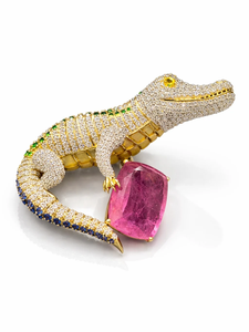 Broche crocodile plaquée or avec accents de diamants, pierre de cristal rose, bijoux unisexes, cadeau - Product Image 1