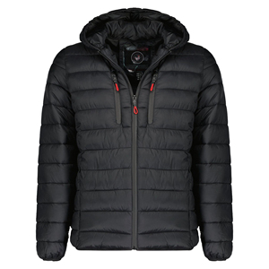 Men's Black Quilted Hooded Jacket Windproof Casual Winter Outerwear with Zipper Closure and Red Accents OEM ODM - Product Image 1
