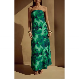 Factory Customized High Quality Fashion Women's Sleeveless <b>Green</b> Maxi Dress with Printed <b>Skirt</b> - Product Image 3