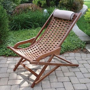 Chaise longue de jardin en bois, chaise de plage pliable, chaise inclinable réglable, chaise de terrasse avec coussin - Product Image 1