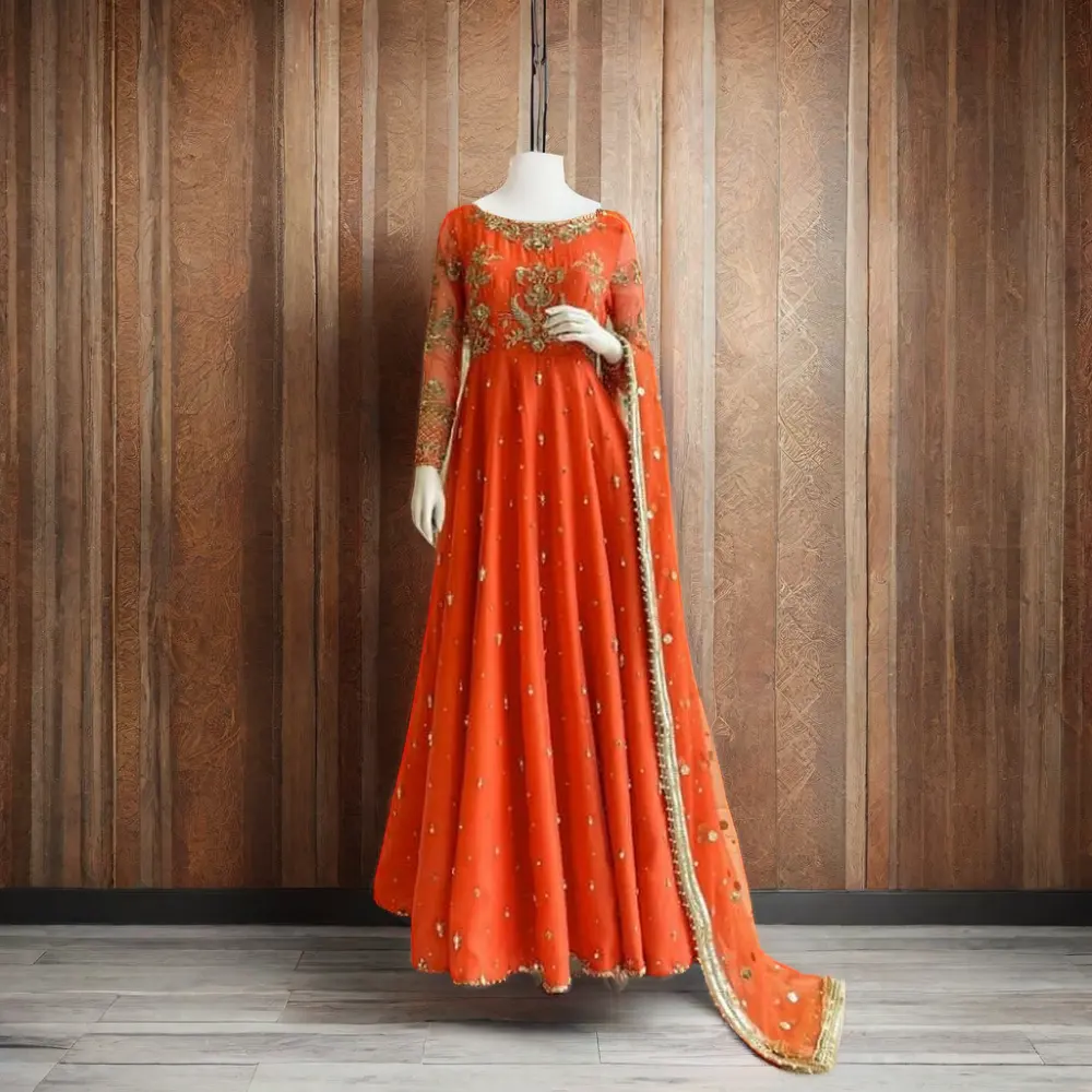 SSUMAIRA COLLECTION Deep orange pishwas paired with a net dupatta shawl Three Piece Suit Maxi