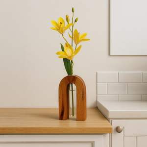 Vase en bois d'acacia fait main en forme de U avec insert en tube à essai en verre – Décoration moderne pour la maison, porte-fleurs de table, cadeau - Product Image 4