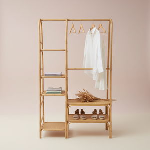 Porte-vêtements moderne en bois durable, support de rangement tissé pour vêtements, étagères de présentation, organisateur double niveau sur pied - Product Image 1