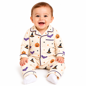 Conjunto de pijama de Halloween para bebé, camisa de manga larga con botones y pantalones con estampado de calabaza, murciélago y sombrero de bruja, ropa de dormir para bebés y niños pequeños - Product Image 1