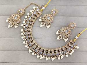 Ethnic <b>Jewelry</b> <b>Set</b> Gold Plated Necklace and Earring <b>Set</b> <b>Pearl</b> and Zircon Wedding Party Wear for Women - Product Image 4