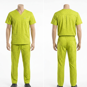 Ensemble de blouses et pantalons pour hommes, imprimé, en tissu polyester élasthanne premium 160 GSM, vert citron, haut à col en V, pantalon cargo, impression par sublimation, logo personnalisé - Product Image 1