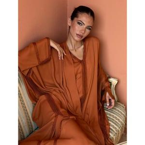 Two-piece Traditional Silk Kaftan Set Summer Winter Party Flowing V-neck Open Kimono Handmade Embroidery Floor-Length Quick Dry - Product Image 2