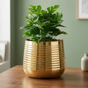 Pot de fleurs décoratif en métal doré, pot de fleurs d'intérieur avec finition côtelée moderne pour la décoration de la maison, du salon, du bureau, de la table - Product Image 4
