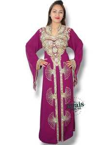 Robe Kaftan Abaya en Chiffon pour Femmes, Simple et Élégante, Col Montant, Manches Longues, Broderie de Paillettes, Applique, Couleur Unie - Product Image 3