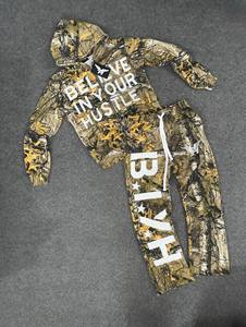 Custom <b>Leaf</b> Camo Printed Fleece Tracksuits Top Quality <b>Screen</b> Printed Wording Full Zip Hooded Sweatshirt Set for Men - Product Image 2