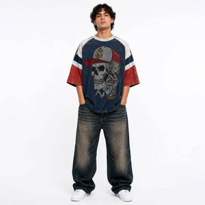 Custom <b>Men</b> Navy <b>Red</b> Cream Color Block Raglan Acid Wash <b>T</b>-<b>Shirt</b> Skull Money Rhinestone Graphic Script Slogan Print Oversized - Product Image 4