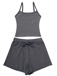 Women's 2pcs Vest and Shorts Set Sleeveless Striped Vest with Casual Shorts Featuring 2 Pockets Home Loungewear Set for Women - Product Image 2
