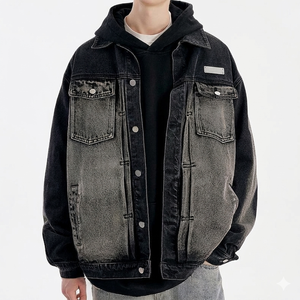 Veste en jean délavé pour homme, à capuche, col rabattu, fermeture à boutons simple, style décontracté, pour l'automne - Product Image 1