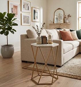 Luxury Hexagon Marble <b>Side</b> <b>Table</b> Modern <b>Gold</b> Metal End <b>Table</b> Geometric Living Room Coffee <b>Table</b> Nightstand - Product Image 1