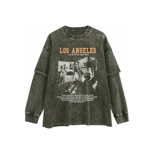 Mens Oversized Graphic <b>Tshirt</b> Los Angeles Acid Wash 2 in 1 Grunge Shirts Vintage Streetwear Layered Tees Y2K - Product Image 1