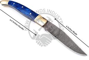Couteau pliant de chasse de style Laguiole, lame en acier Damas, meilleur couteau de poche tranchant avec poignée en résine bleue et pommel en laiton. - Product Image 2