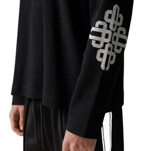 Men <b>Black</b> Waffle Long Sleeve <b>T</b> <b>Shirt</b> with Emblem Print Crew Neck Casual Streetwear Cotton Fashion Top - Product Image 3