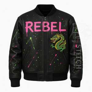 Blouson Bomber en Cuir PU Brodé Rebel Dragon pour Homme, Style Streetwear, Fermeture Éclair, Col Rabattu, Vêtement d'Automne - Product Image 1