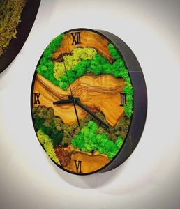 Wedding Gift Olive Wood Moss Wall <b>Clock</b> Custom Anniversary Gift for Couple Unique Moss Art Handmade Wood Decor - Product Image 2