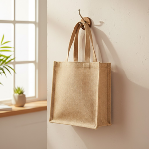 Sac de courses en jute réutilisable, écologique, taille moyenne |   Sac fourre-tout en toile brodé style bohème avec logo personnalisé imprimé et pompon - Product Image 4