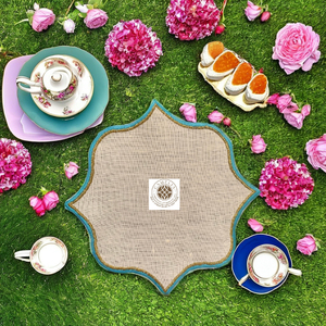 Linen cocktail napkin with soft azure <b>edges</b> and golden trim, star-bloom shape bringing a gentle yet striking table accent - Product Image 4