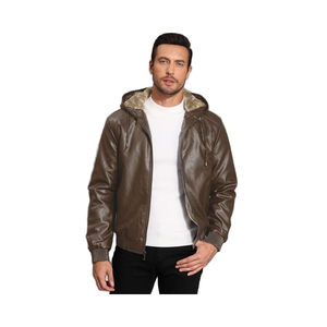 Nueva chaqueta de moto con capucha de cuero genuino para hombre, impermeable, a prueba de viento, informal, con cremallera y forro de Sherpa - Product Image 5