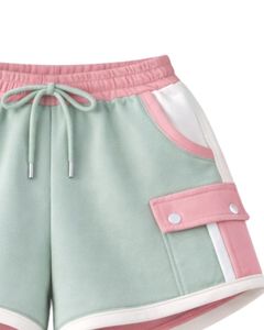Women Mint Green <b>White</b> Pink Color Block Crop <b>Zip</b> Hoodie Shorts Set Heart Print Cargo Pocket Casual Two Piece Outfit - Product Image 6
