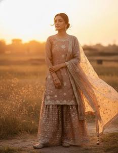 Robe Anarkali beige brodée avec dupatta, longueur ras du sol, tenue traditionnelle indienne et pakistanaise pour femmes, robe de mariage - Product Image 5