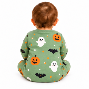 Combinaison pour bébé vert sauge Halloween, imprimé fantôme, citrouille, chauve-souris, manches longues, boutons sur le devant, vêtements de nuit une pièce pour nourrissons et tout-petits, unisexe - Product Image 6