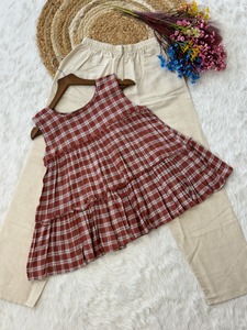 <b>Linen</b> Cotton Checks Print Short Kurti With Plain <b>Linen</b> Pant Casual Wear Formal Regular Wear Simple Pant <b>top</b> Cordset for Ladies - Product Image 5