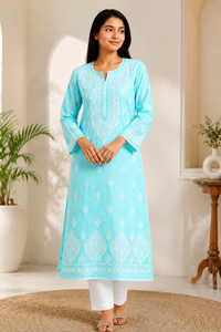 Kurti élégant bleu ciel brodé Chikankari pour femmes, tunique longue ethnique indienne à motifs floraux, tenue traditionnelle festive décontractée - Product Image 1