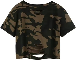 Custom Women’s <b>Distressed</b> Crop T-Shirt Short Sleeve Camouflage Print Summer <b>Top</b> - Product Image 2