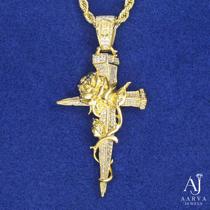 Pendentif Croix Chrétienne en Or Rose Plaqué Or avec Dague et Moissanite, Breloque Iced Out, Collier Hip Hop, Bijoux Personnalisés - Product Image 1