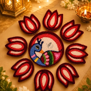 Ensemble de 9 tapis Rangoli en laine de qualité supérieure, motif paon et lotus, faits à la main, décoration festive pour le sol de la maison - Product Image 2