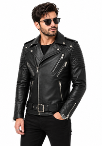 เสื้อแจ็คเก็ตหนังแท้สำหรับผู้ชาย แบบมีซิปปิด คอปกพับได้ - Product Image 1