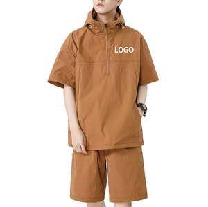 Ensemble survêtement coupe-vent en nylon personnalisé avec sweat à capuche zippé et short, ensemble court coupe-vent uni pour homme, ensemble survêtement coupe-vent OEM - Product Image 2