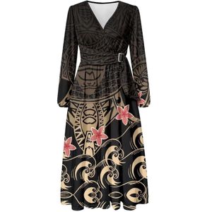Puletasi Samoan Traditional Dress Plus Size Women's Long Sleeve <b>Wrap</b> V Neck Tie Waist A Line Maxi Dress - Product Image 2